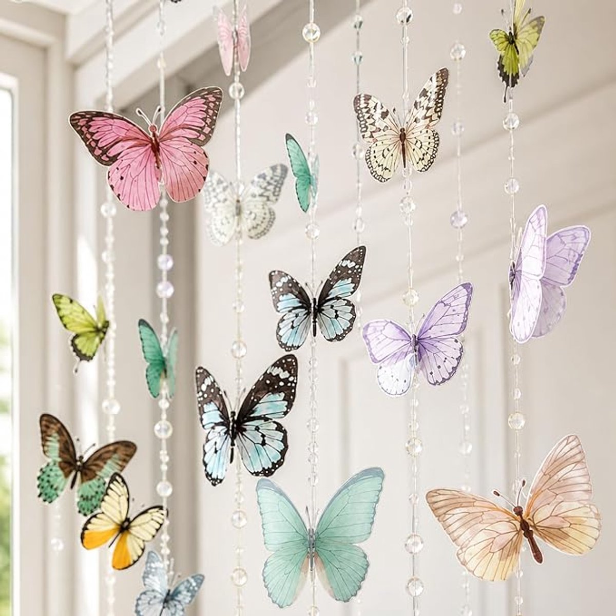 6-delige set - Kralengordijnen - Deurgordijn - Vlindervormig kralengordijn - Kralengordijn - 3D-vlinder met kralen - Hangende decoratie - Woondecoratie - Raamdecoratie - Geschikt voor slaapkamerwanden, deuropeningen, ramen, plafonds en balkons