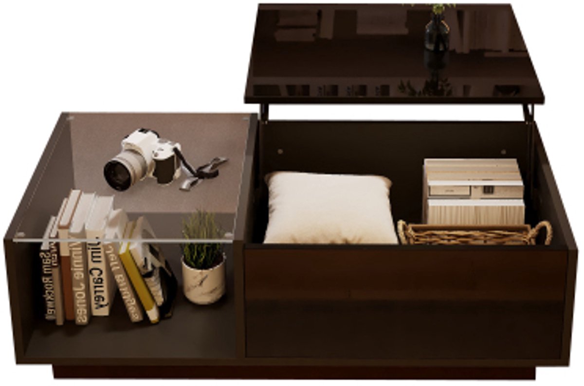LED Salontafel 100 x 50 cm - In Hoogte Verstelbaar met Opbergruimte -Salontafel met Lift-Top- Hoogglans-zwart