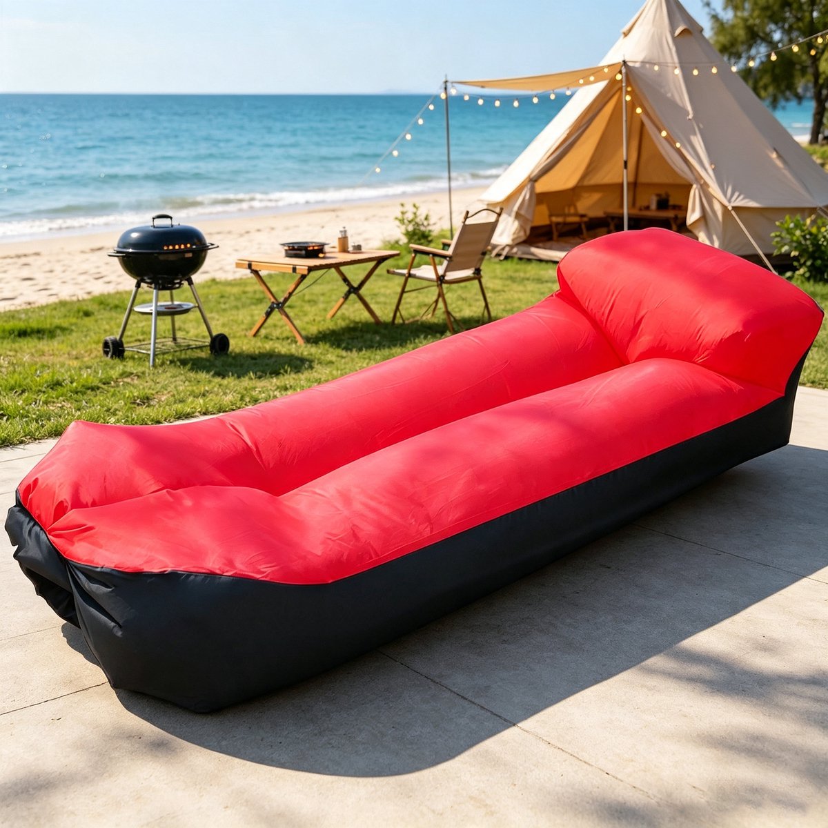 Draagbare opblaasbare slaapbank waterdicht en lekvrij inclusief kussen Geschikt voor reizen strandpicknicks kamperen op muziekfestivals en andere gelegenheden Afmetingen 220*70*60 cm (rood en zwart)