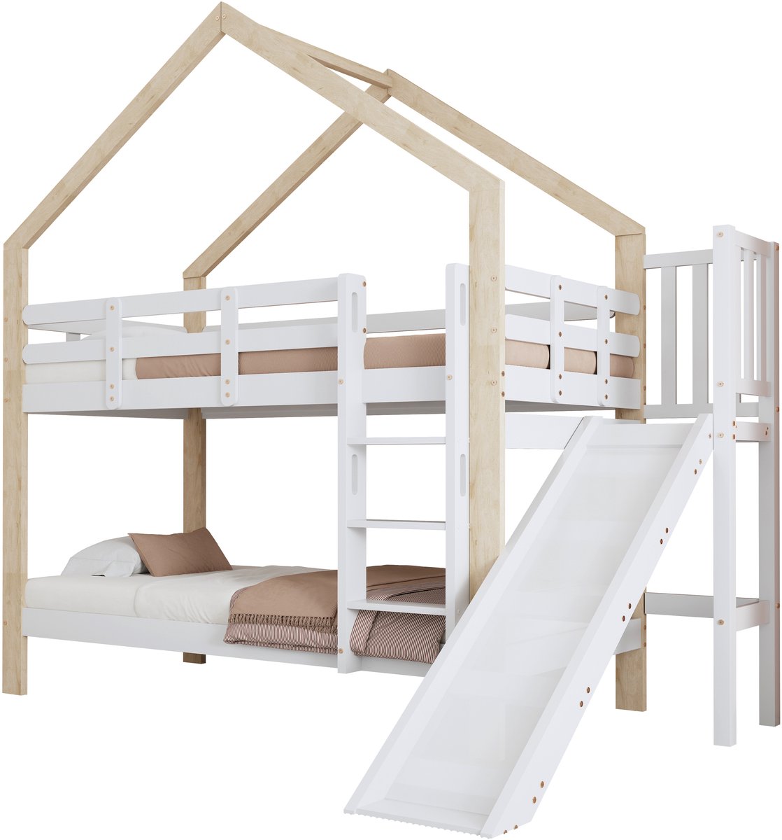 MUVANO Stapelbed Met Glijbaan - Huisbed - Kinderbed - Speelbed - Valbeveiliging - Rechte Trap - Dak - Massief Hout - Kinderkamer - 90x200cm - 1 Stuk - Wit/Natuur