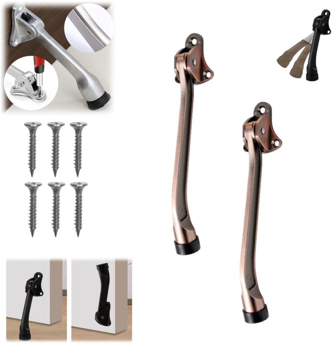 2 Deurstoppers – Met één hand verstelbare metalen deurstop – Zinklegering – Met rubberen stootkussen – 19 cm – Geschikt voor binnen- en buitendeuren en balkondeuren – deurstopper - zware deurstopper - hoefijzer deurstopper - voor binnen en buiten