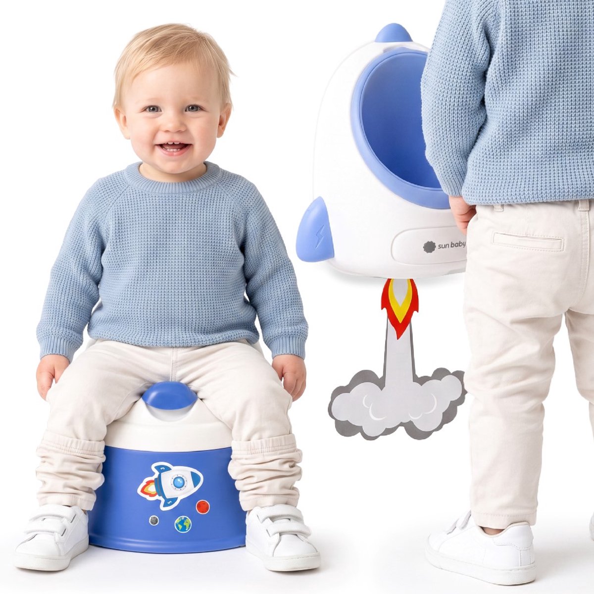 SUN BABY Kinderpotje en Jongens Urinoir 2-in-1 Set - Uitneembare Binnenpot, Muurmontage, Stickers - Blauw