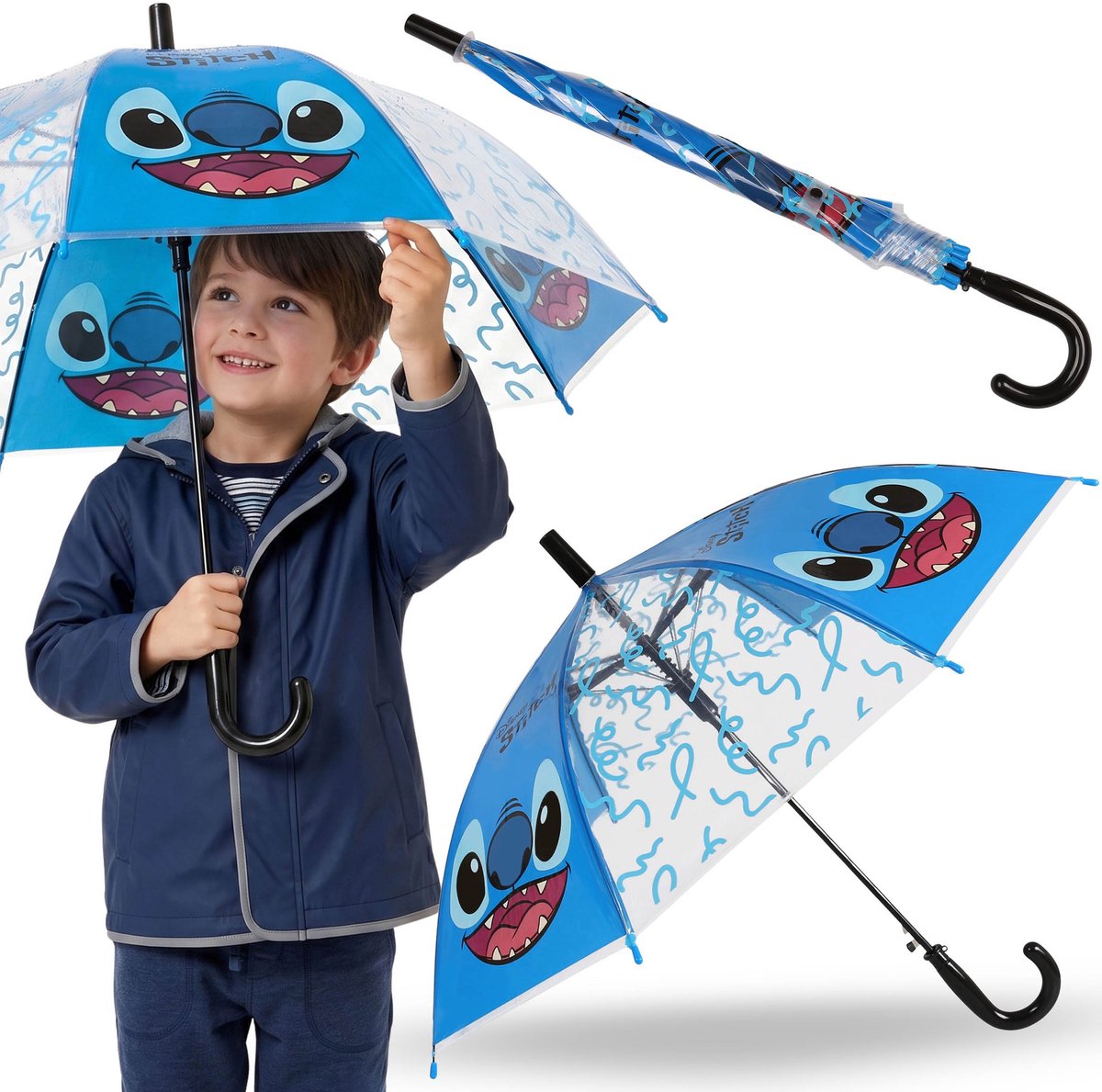 DISNEY Stitch Blauwe kinderparaplu VOOR JONGENS, transparante OPVOUWBARE AUTOMATISCHE paraplu