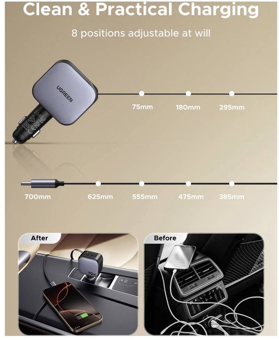 Zwarte autolader met intrekbare kabel, met verschillende lengtes aangegeven. Voor en na opgeruimde auto-interieurs.