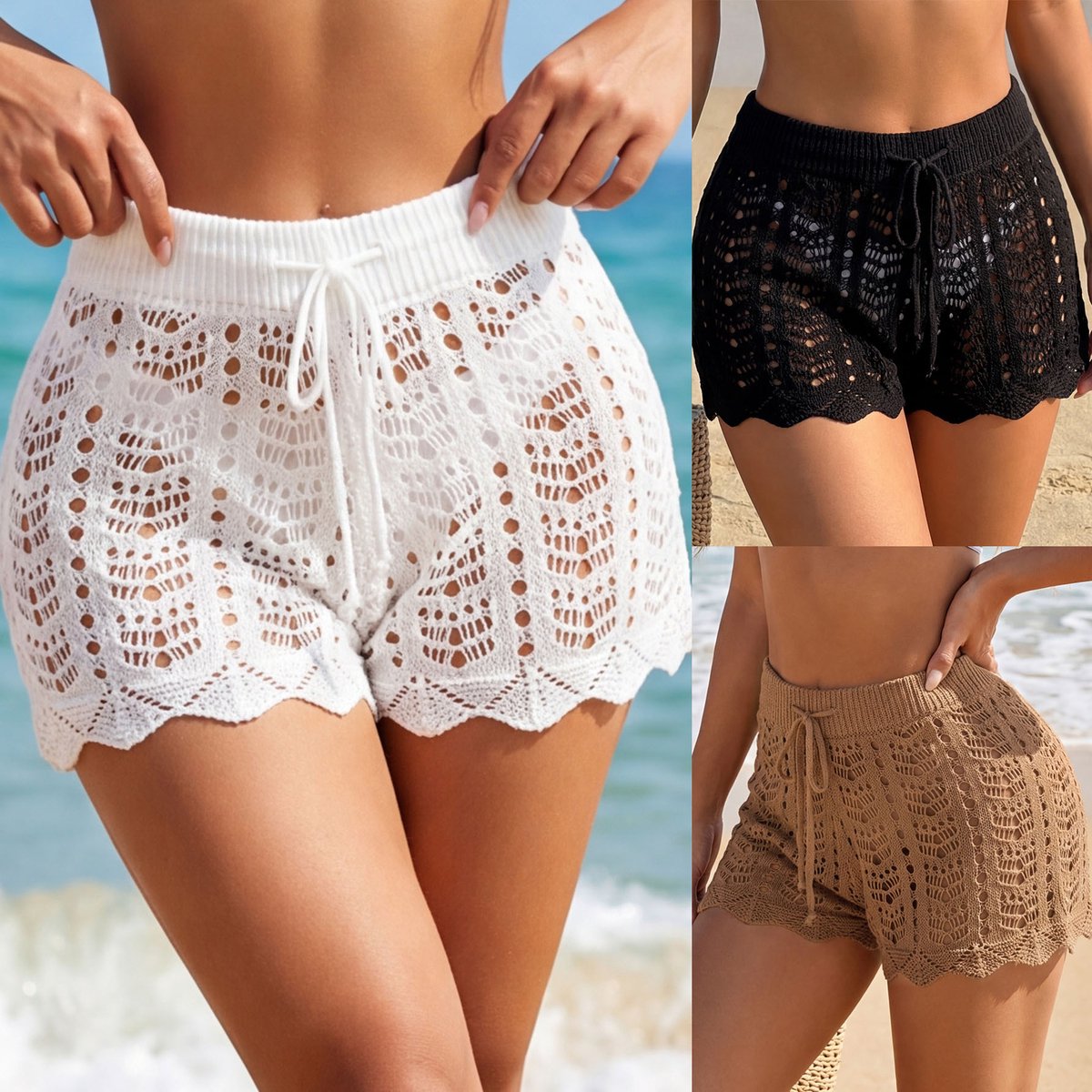 casalora®-Dames zomer strandshorts—Gehaakte shorts—Casual model met hoge taille en trekkoord—Gehaakte strandshorts—Bikini-overlay, perfect voor strand, vakantie en zomeroutfits