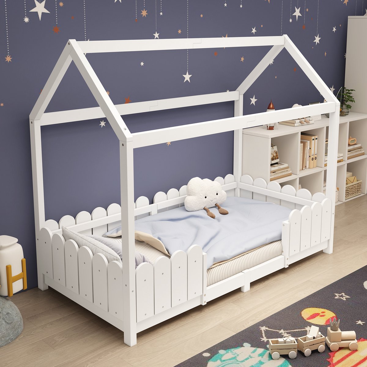 Huisbed 90x200 cm - Kinderbed Met Veiligheidshekje En Lattenbodem - Houten Bed - Wit