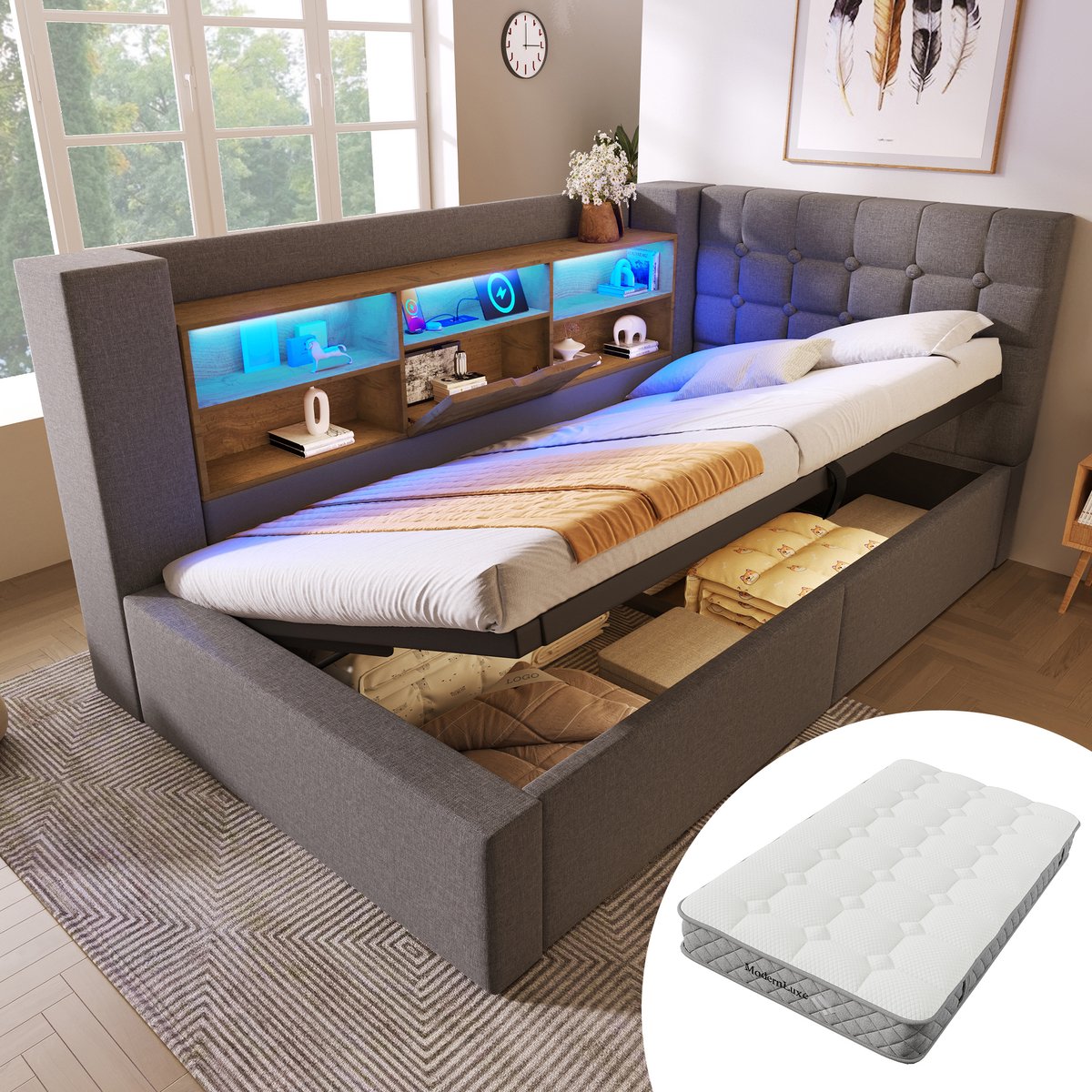 Bedframe - 90x200 Cm - Bed - Met Lattenbodem - Met Opbergruimte - LED - USB C - Grijs - Met Matras