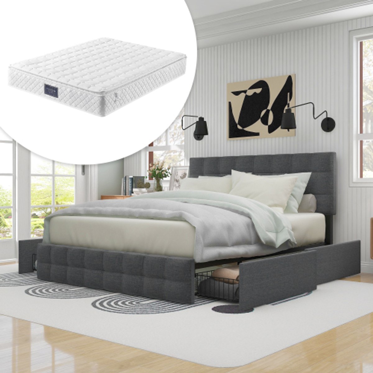 Bedframe - 140x200 Cm - Bed - Met Lattenbodem - Met Opbergruimte - Grijs - Met Matras