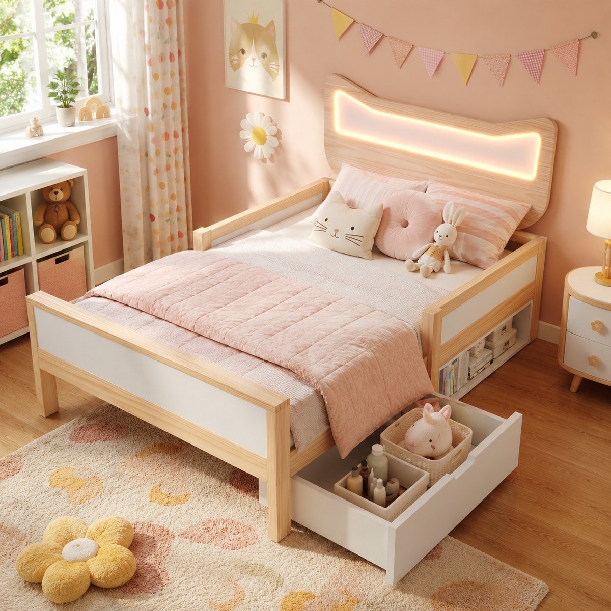 Bedframe - 90x190 Cm - Bed - Met Lattenbodem - Met Opbergruimte - LED - Wit - Zonder Matras
