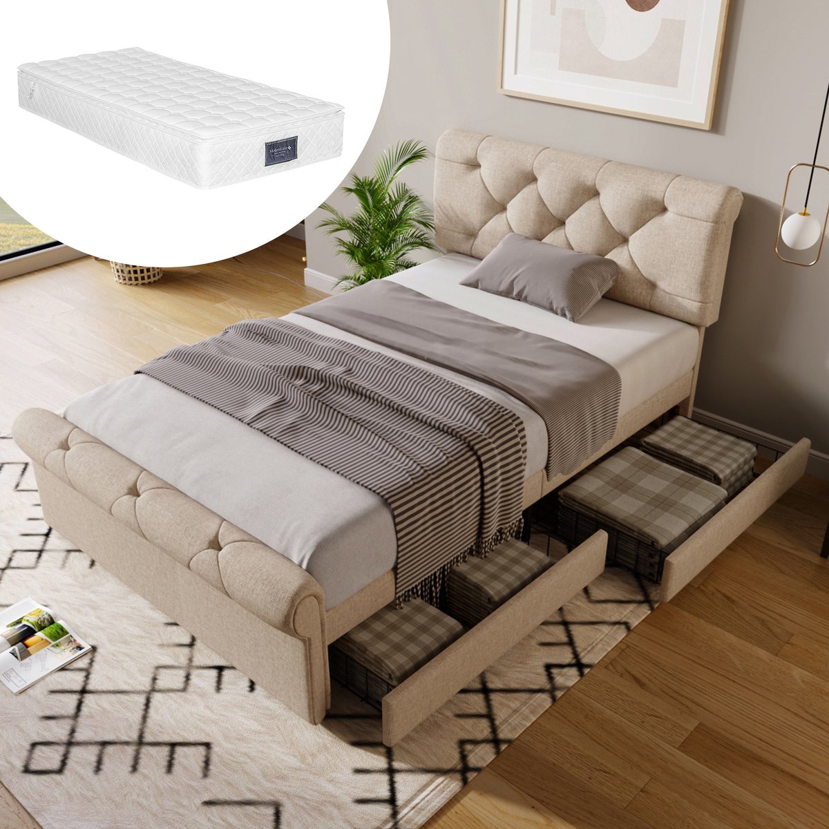 Bedframe - 90x200 Cm - Bed - Met Lattenbodem - Met Opbergruimte - Naturel - Met Matras