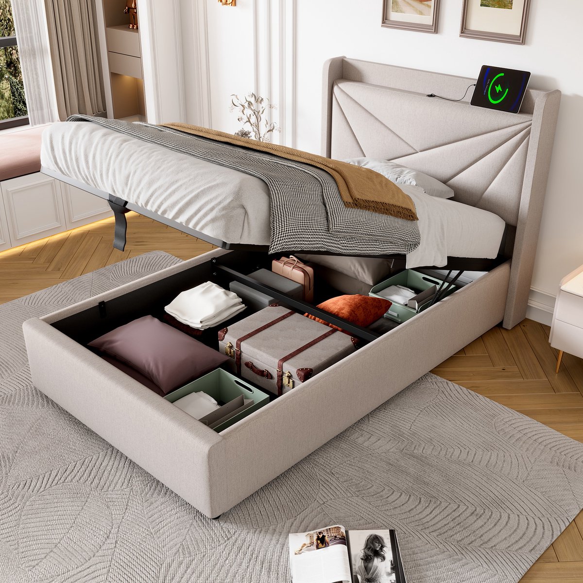 Bedframe - 90x200 Cm - Bed - Met Lattenbodem - Met Opbergruimte - USB C - Beige - Zonder Matras