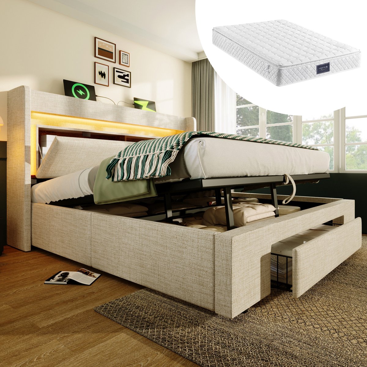 Bedframe - 160x200 Cm - Bed - Met Lattenbodem - Met Opbergruimte - LED - USB C - Beige - Met Matras