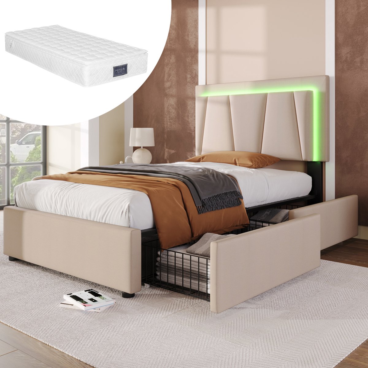 Bedframe - 90x200 Cm - Bed - Met Lattenbodem - Met Opbergruimte - LED - Beige - Met Matras