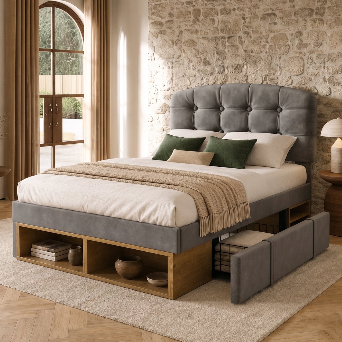 Bedframe - 90x200 Cm - Bed - Met Lattenbodem - Met Opbergruimte - Grijs - Zonder Matras