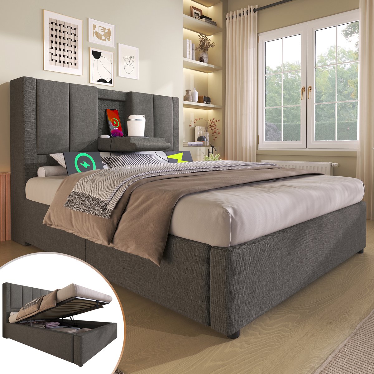 Bedframe - 90x200 Cm - Bed - Met Lattenbodem - Met Opbergruimte - USB C - Grijs - Zonder Matras