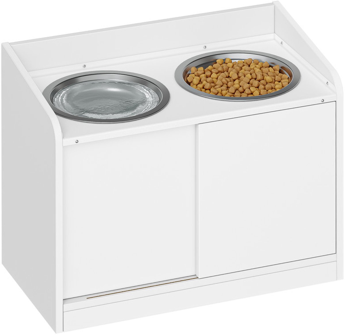 Hzuaneri verhoogde hondenvoerbakstandaard met opbergruimte achter schuifdeur, 2 x 2L roestvrijstalen bakken, 46 cm hoog, voerstation voor middelgrote tot grote honden, matwit