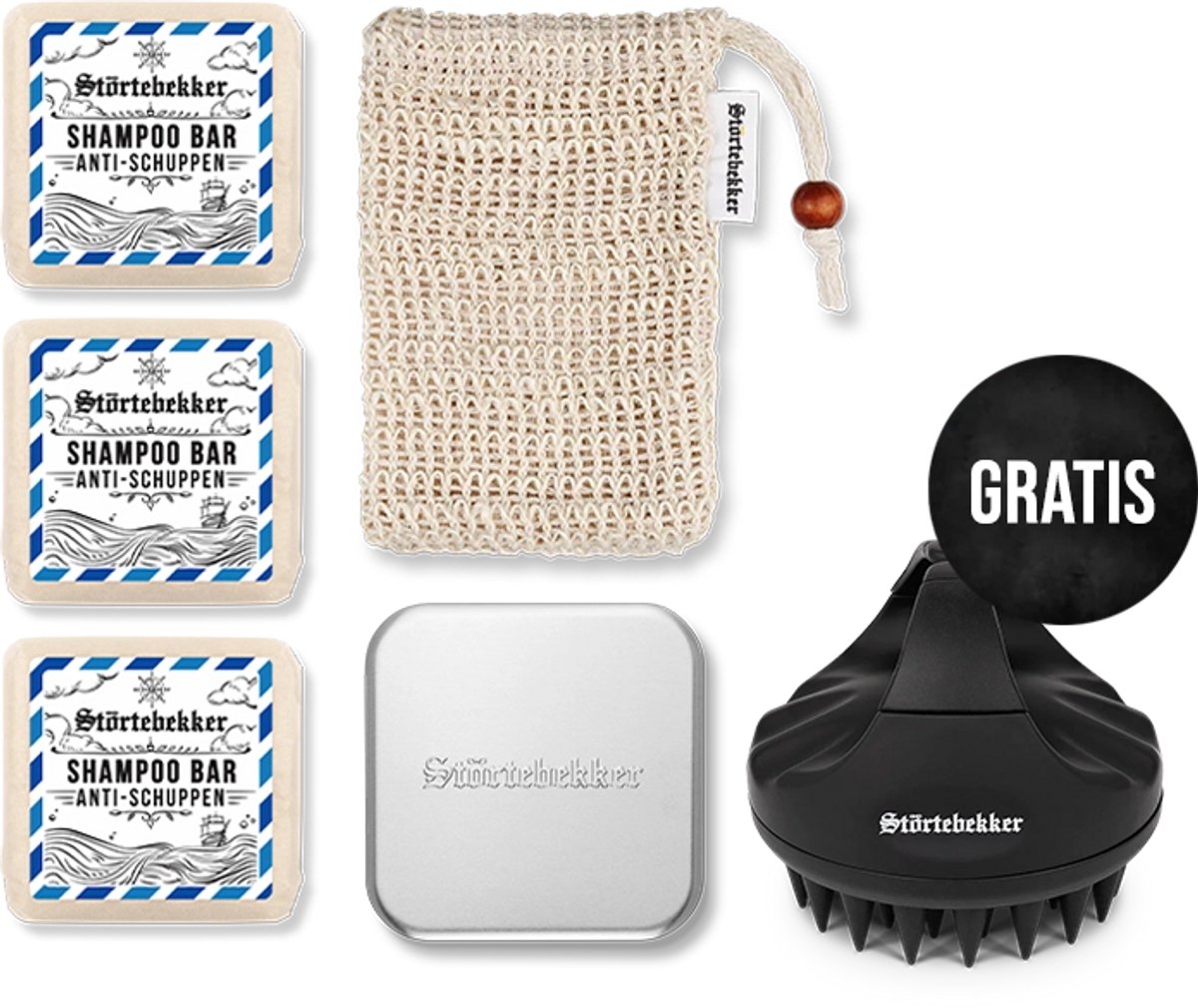 Störtebekker® Premium Douche Set Hair Anti-Roos - Shower Set Heren met Werkzaam Anti-Roos Effect - 3x Vaste Shampoo (100g), Sisal Washandje, Zeepdoos & GRATIS Siliconen Hoofdhuidborstel - Handgemaakt in Nederland
