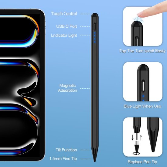 Capacitieve stylus, 2-in-1 styluspen, touchscreen, 1,45 mm, hoge precisie, universele capacitieve stylus, compatibel met smartphones, tablets, Apple iPhone/iPad, zwart — afbeelding 2