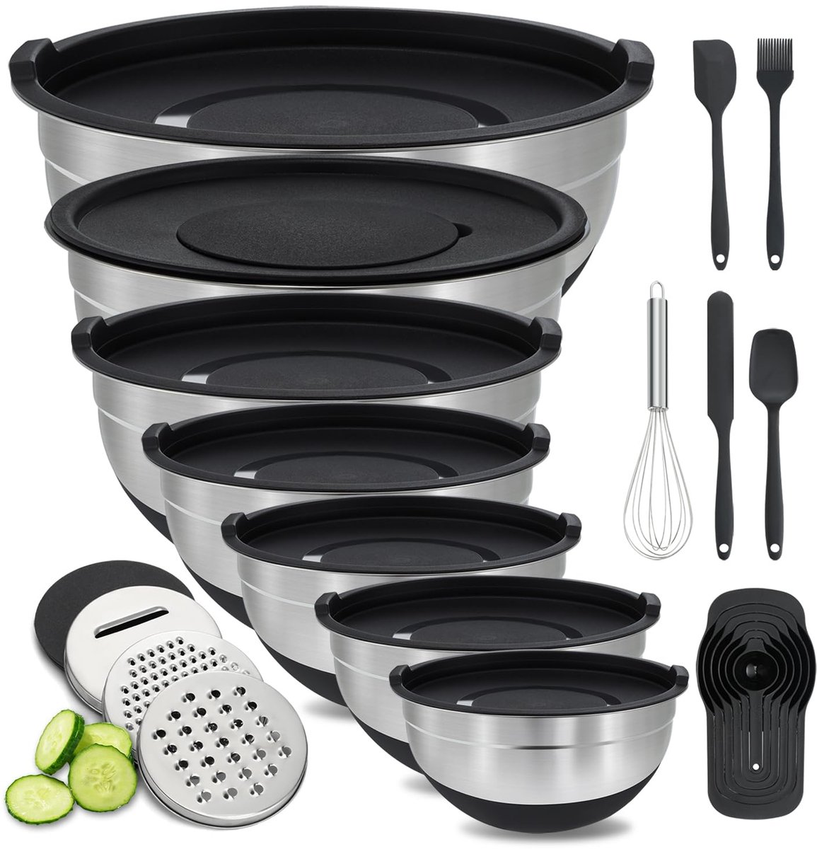 7-delige Mengkommenset met Deksel - RVS Mengkommen met Rasp - Stapelbaar Nesting Design met Antislip Bodem - Verschillende Formaten 4,5, 4, 3,5, 2,1, 1,5, 1,1 & 0,7 Qt - Keukenkommen voor Mengen, Serveren &