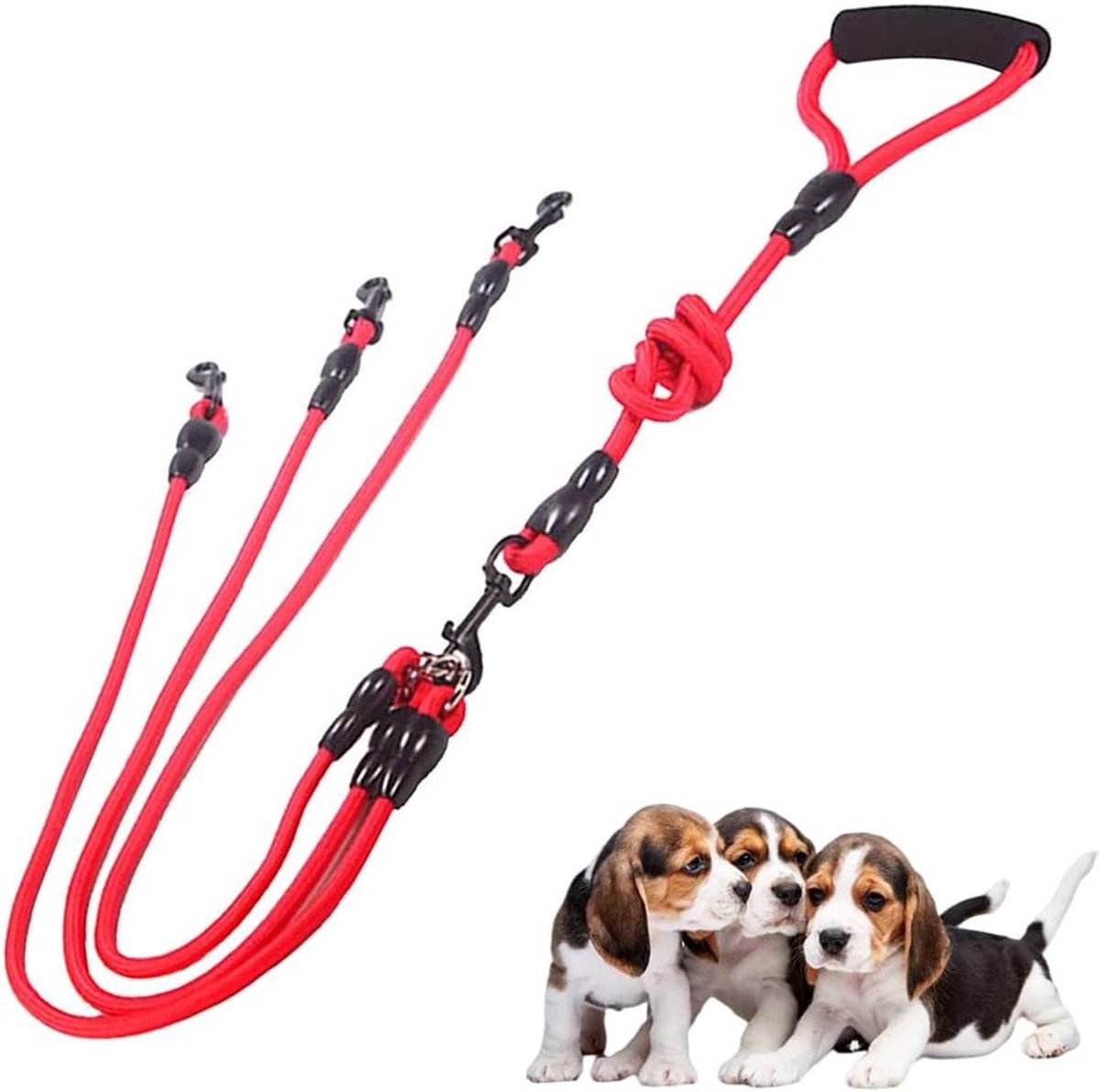 3-weg Hondenriem - Zwart - Verstelbaar Nylon - Voor Eén, Twee of Drie Honden Wandelen