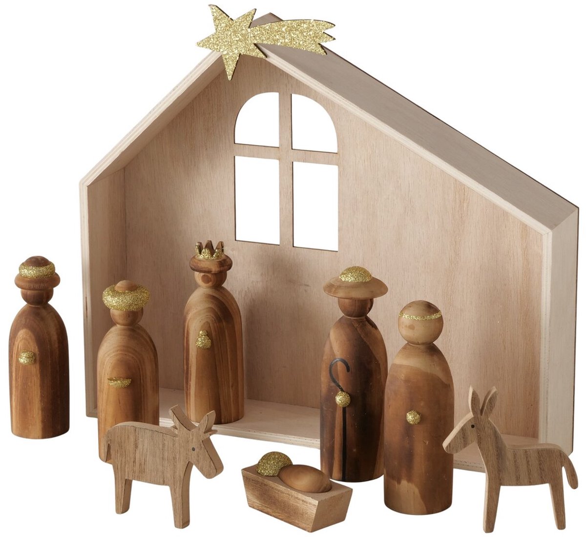 Boltze - Kerststal - Hout - Kerststal met Figuren - FSC 100% Hout - Naturel/Goud - 25x6x35cm - Kerst