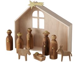 Boltze - Crèche de Noël - Bois - Crèche avec figurines - Bois FSC 100 % - Naturel/Or - 25x6x35 cm - Noël