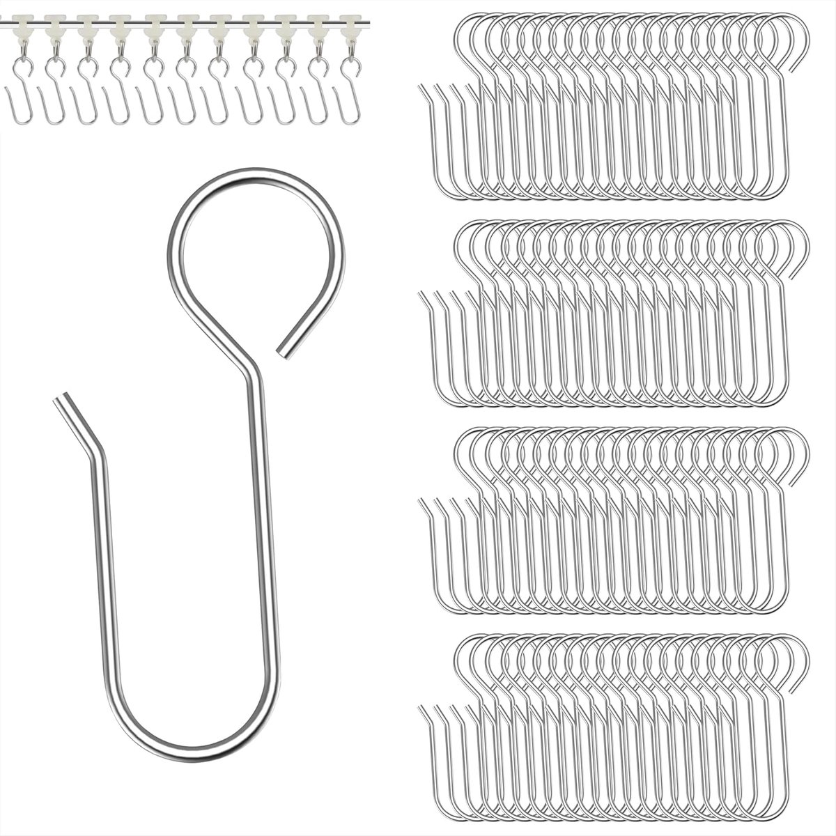 Haken voor gordijnen, 100 stuks, kleine metalen haken voor ramen, gordijnen voor deuren en douchegordijnen, lengte 35 mm, zilver
