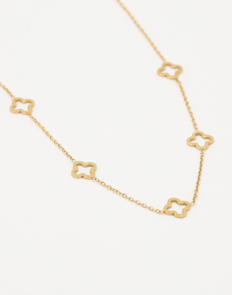 Ketting 5 Open Klavers Goudkleurig - 40cm + 5cm verlengstuk - Stainless Steel - Glow Adora