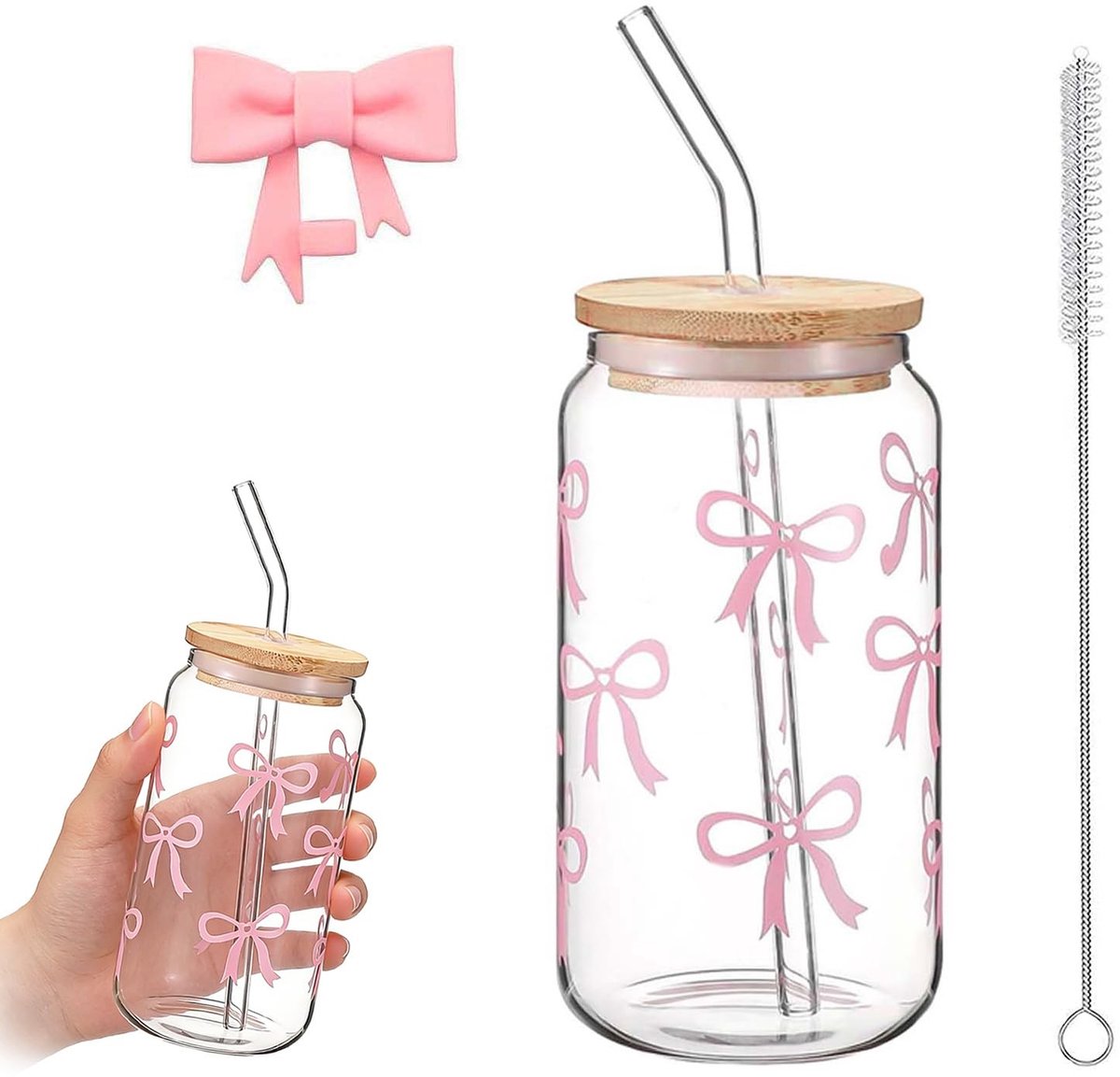 SolidKeus - 500ml Glazen Drinkbeker met Deksel en Rietje, Roze