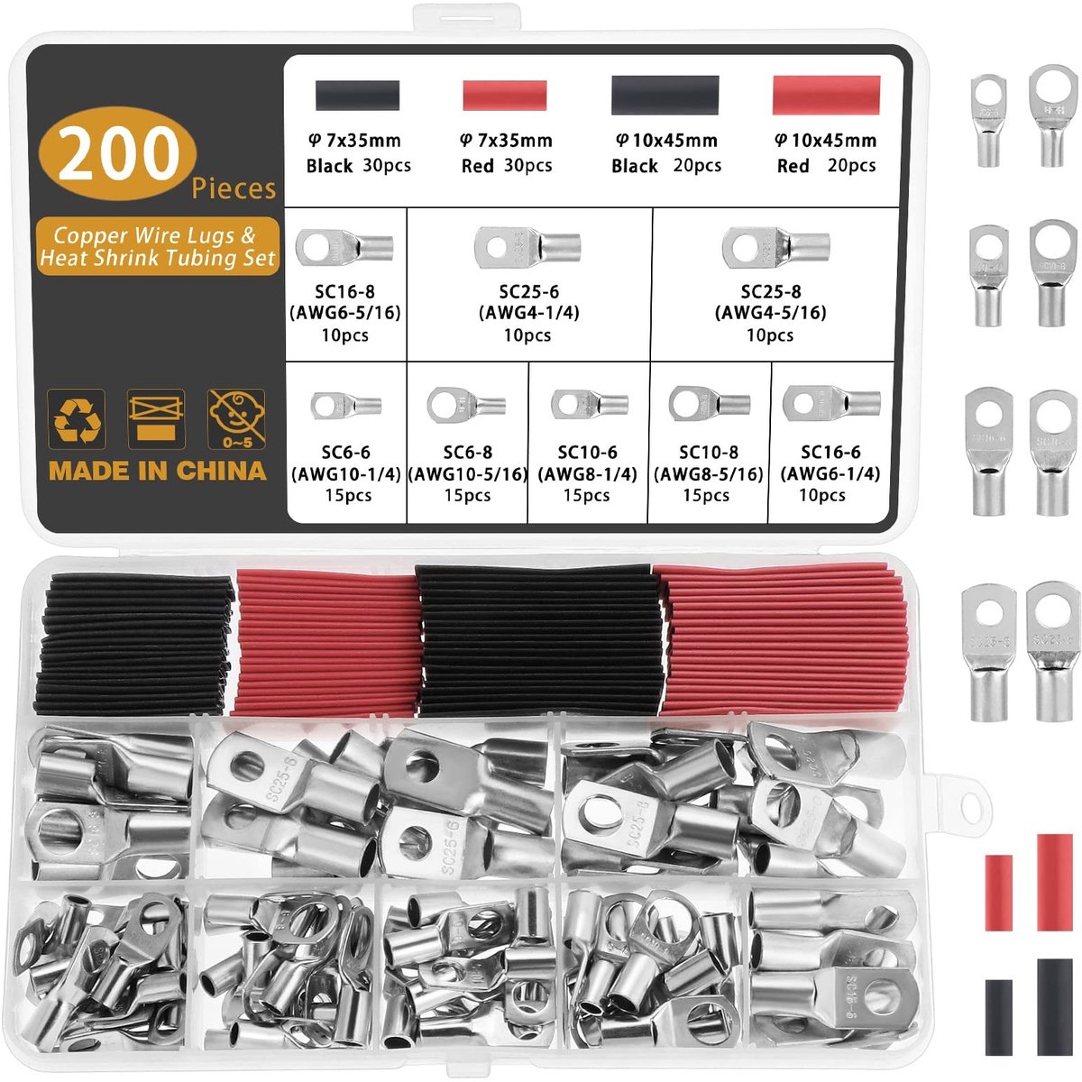 SolidKeus - Copper Cable Lugs Terminal Set met 8 Maten