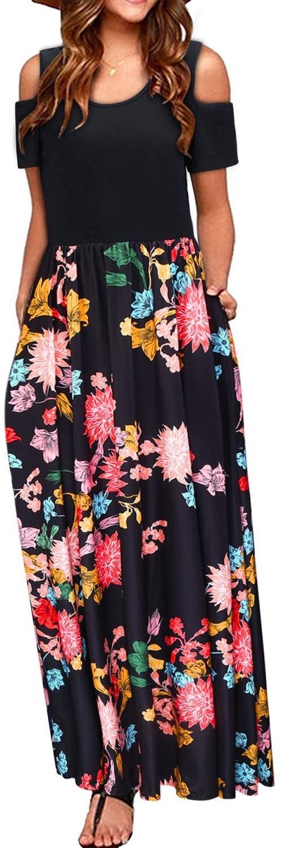 SolidKeus - Lange Zomerjurk met Korte Mouwen en Bloemenprint