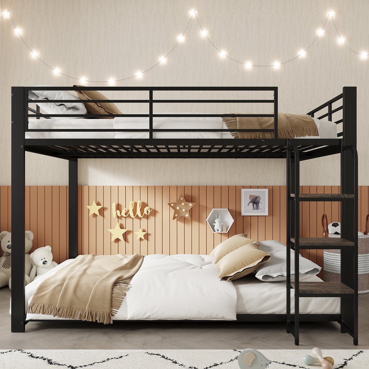 Stapelbed 140*200 cm, Metalen Stapelbed Voor Kinderen, Tweepersoons Stapelbed Met Houten Plank En Ladder, Hoge Valbeveiliging, Zwart