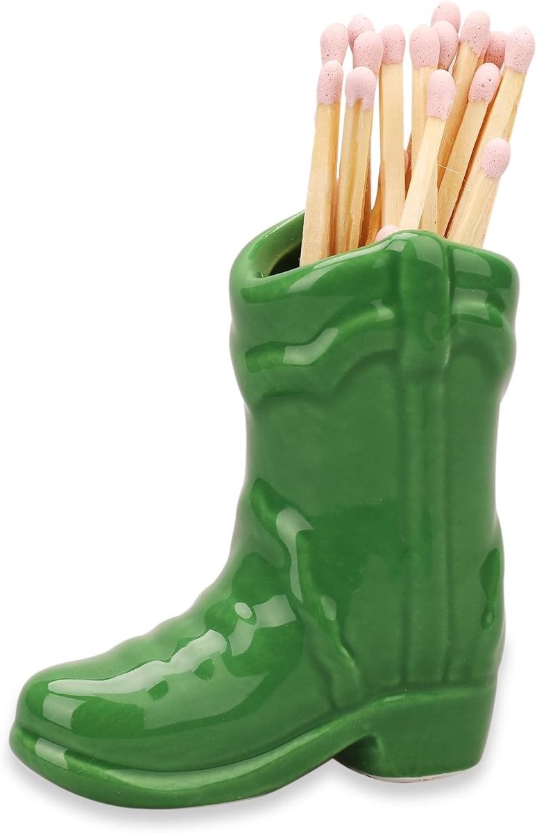 Ceramische Cowboy Boot Match Holder met Striker - Decoratieve Accessoire voor Thuis, Slaapkamer, Badkamer en Keuken in Felgroen