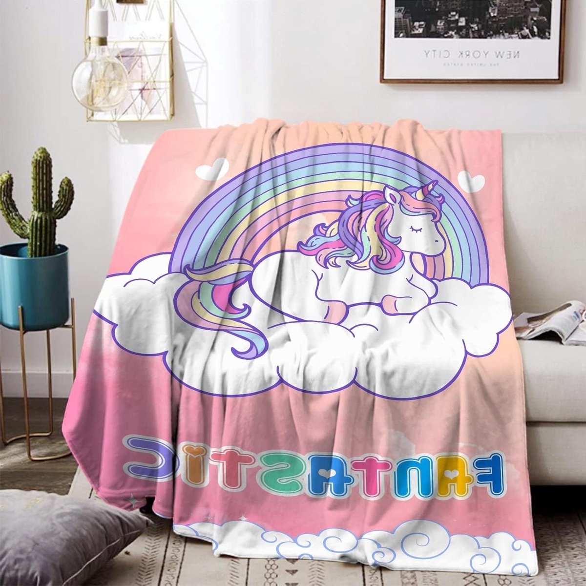 Eenhoorn deken - Knuffeldeken Flanel - Gezelligheid Thuis - Zacht & Huidvriendelijk - 150 x 200 cm - Roze