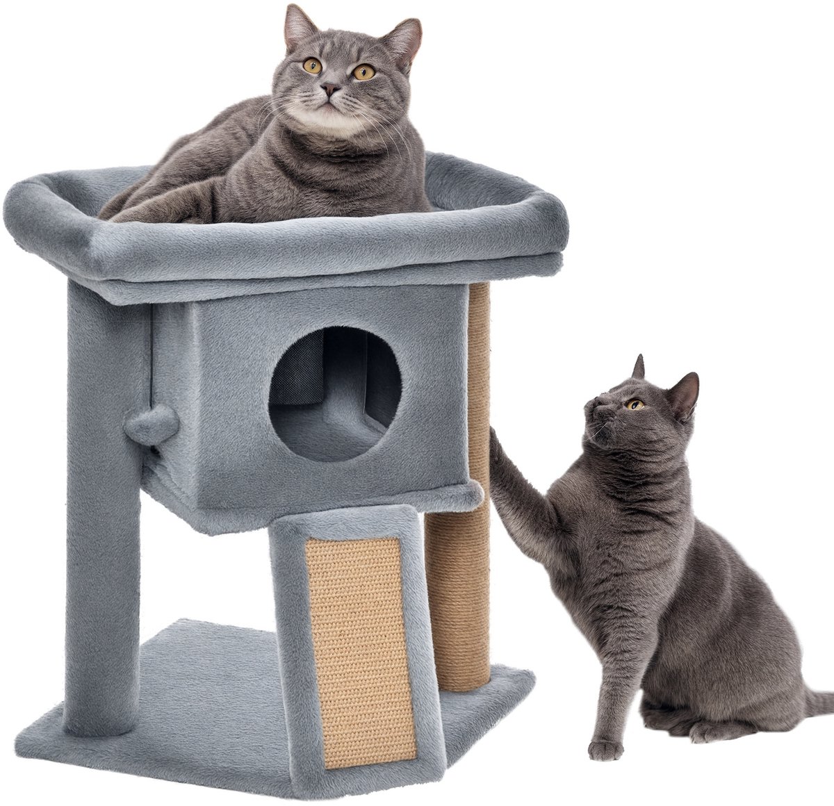 Kattenklimrek van 57 cm hoog – voorzien van jute krabplanken – huisje – platform en speelbal – lichtgrijs