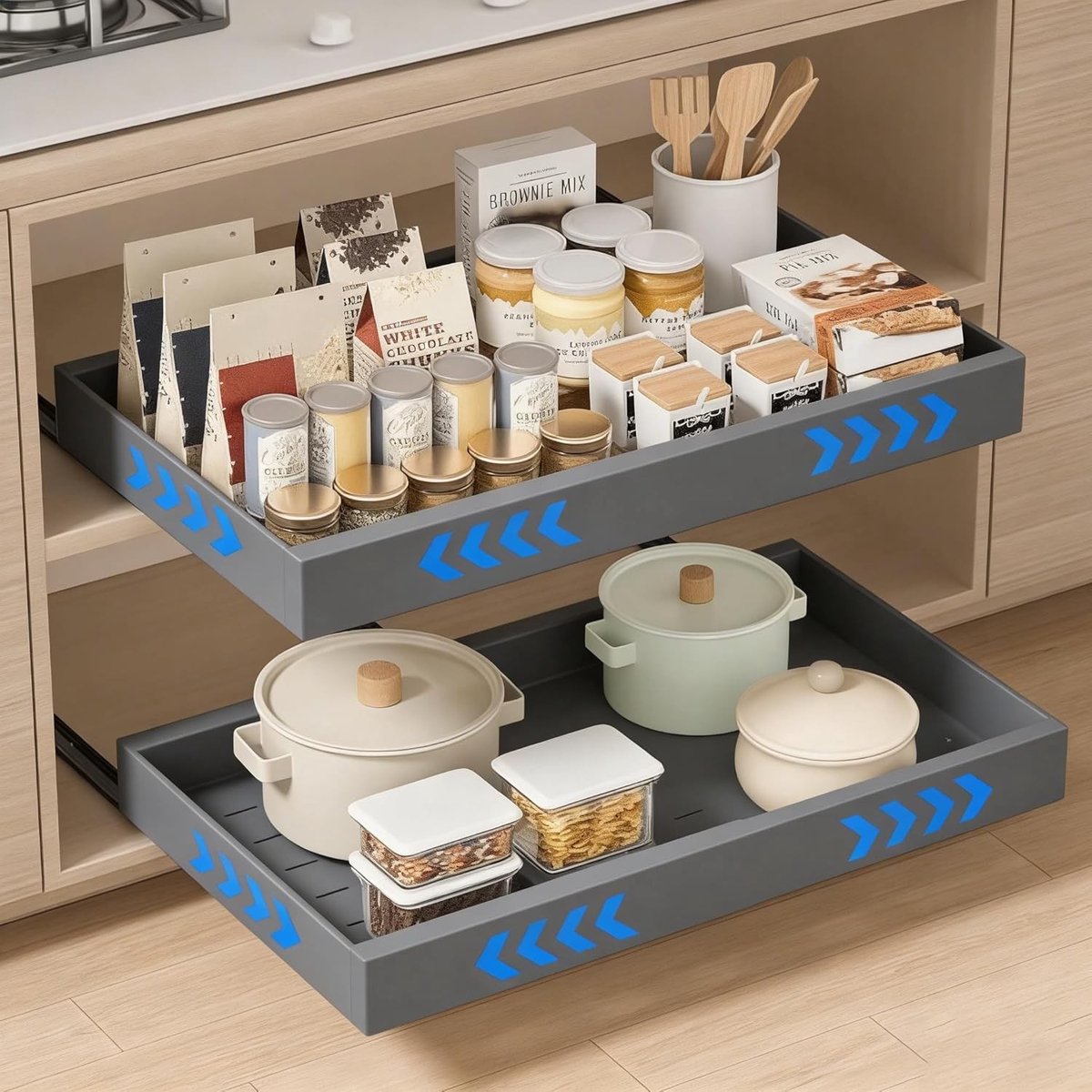 Opbergsysteem keukenkastjes - Grijs - Verstelbaar 32-52 cm - Uitschuifbaar Lade Opbergsysteem van Koolstofstaal - Voor Keuken, Badkamer, Woonkamer