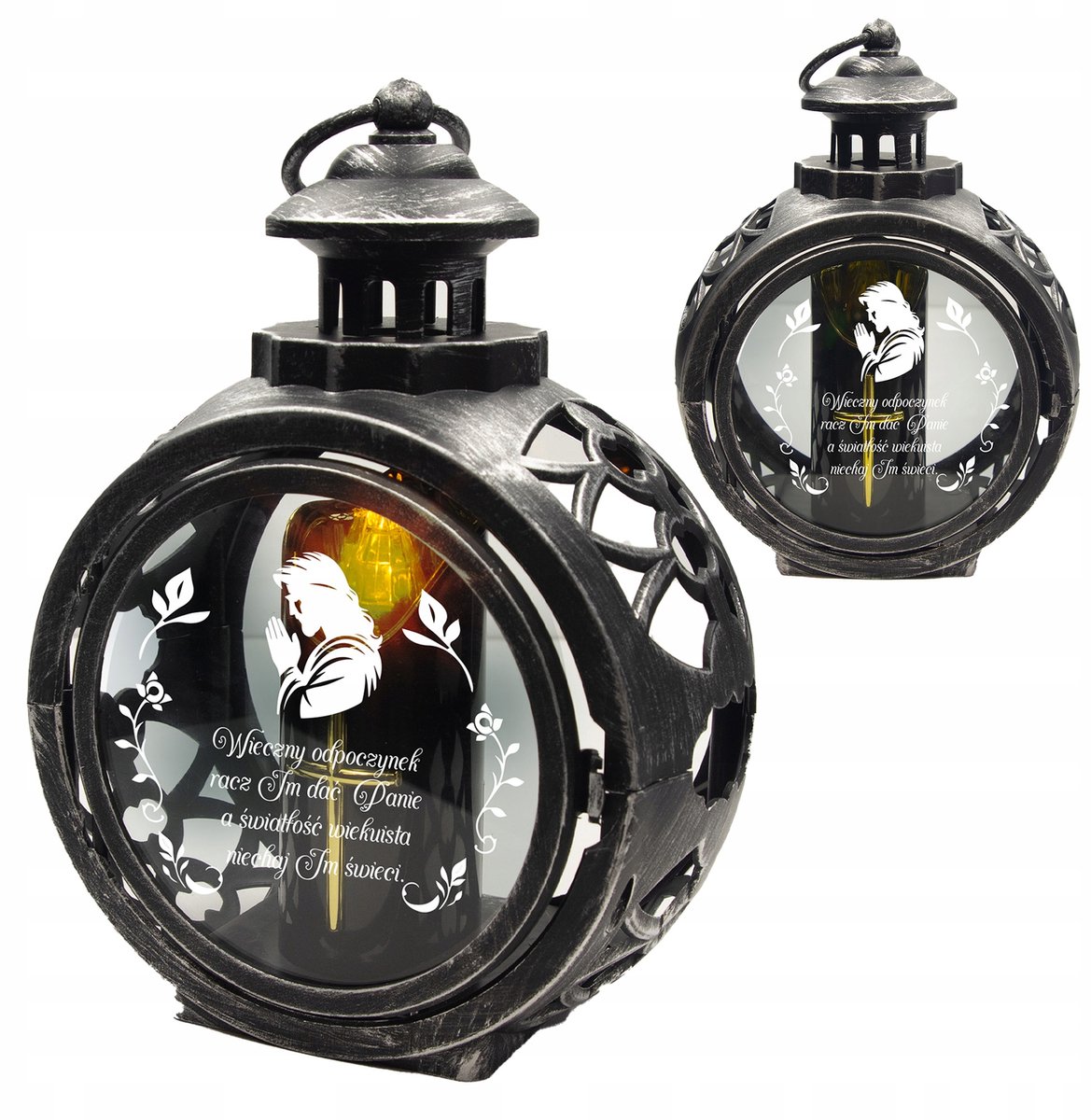 Merkloos Graf Lampion met LED Kaars - Zilverkleurig, Rond