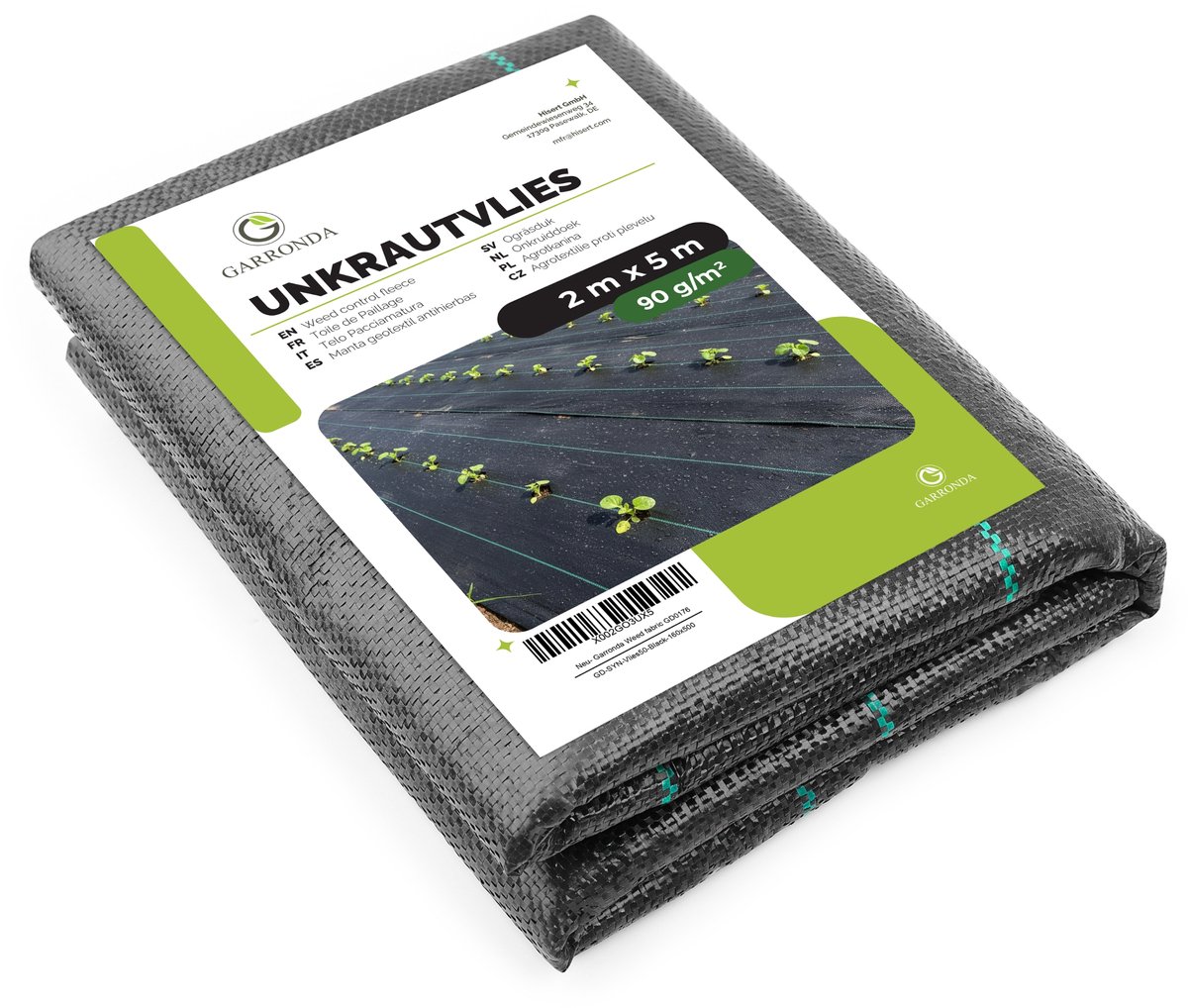 Garronda Antiworteldoek 90 g/m² 2 x 5 m Waterdoorlatend Geweven Polypropyleen voor Bloemperken en Tuin GD-0193 Zwart