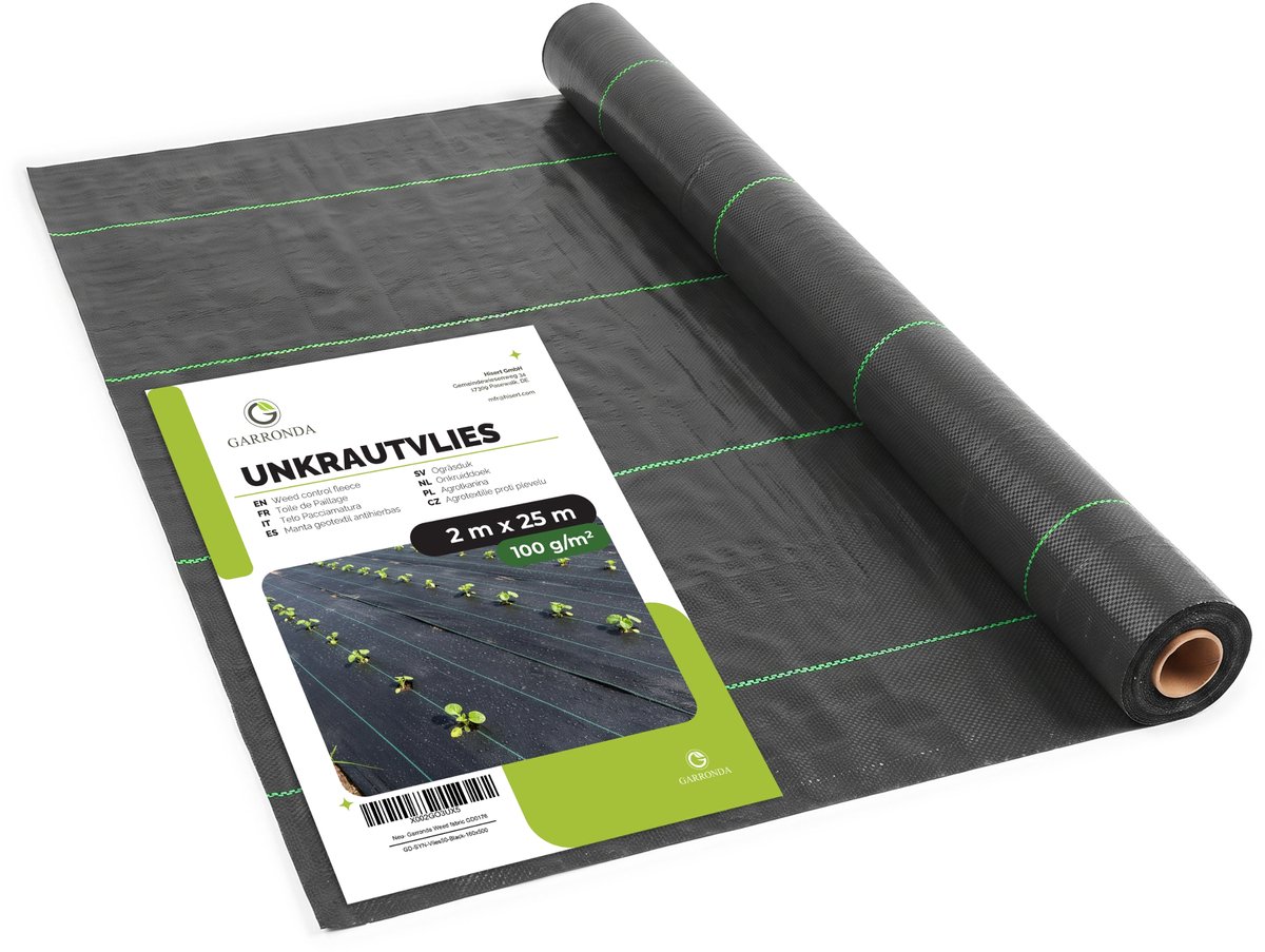 Garronda Antiworteldoek 100 g/m² 2 x 25 m Waterdoorlatend Geweven Polypropyleen voor Tuin en Landschapsaanleg GD-0192 Zwart