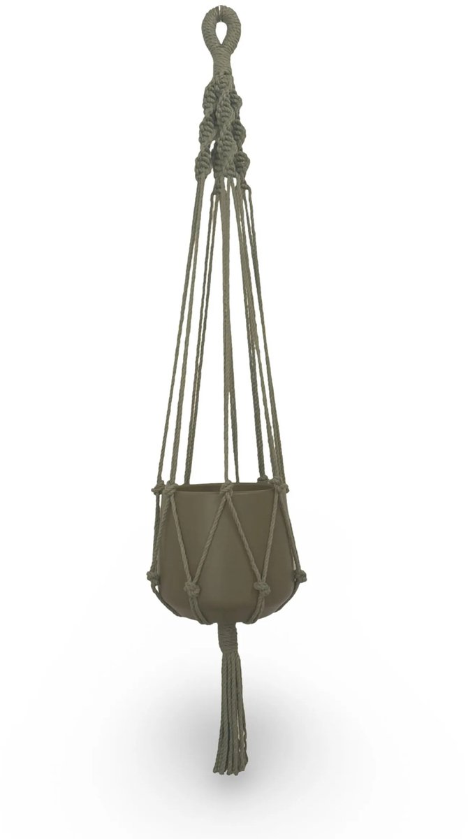 Plantenhanger 'Twisty' - Kies Kleur en lengte - Olijfgroen - 120 cm lang - Katoenkoord - Geschikt voor Pot met Diameter t/m 25 cm - Handgemaakt in ons Macramé Atelier - Prijs per Stuk - Let op: Exclusief Pot - Inclusief Verzendkosten