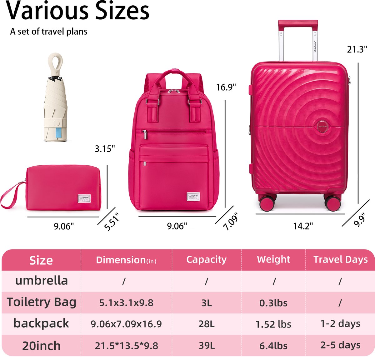 COVREO Kofferset 3-delig 20 inch rose red, hardcase polypropyleen