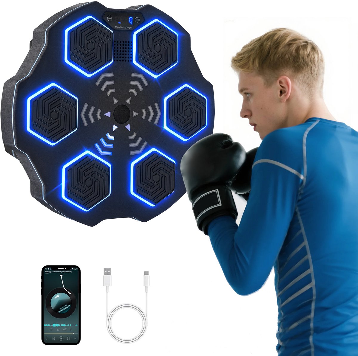 Muziekbox, Bluetooth-box, wandmontage, 9 snelheden en modi, LED-verlichting, zwart