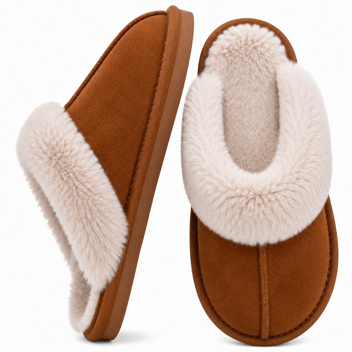 Heren Pantoffels - Warme Fluffy Sloffen - Pluche Huisschoenen met Antislip Zool - Comfortabele Winter Pantoffels - Chesnut - Maat 45 -