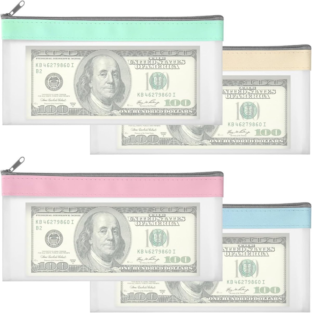 Multi-functionele Portemonnee Set met 4 Stukken, Geld Enveloppen, Kleine Ritszak en Opbergtas voor Cash, Kantoor en Reisbenodigdheden in Roze, Oud Blauw, Beige en Cyan
