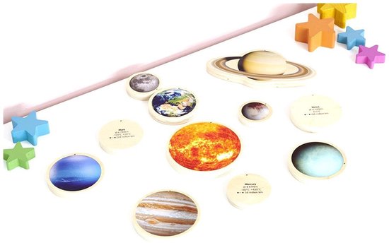 Zonnestelsel schijven van hout met de zon, Jupiter, Saturnus, Uranus, Neptunus, Aarde, Venus, Mars, Maan, Mercurius en Pluto, naast gekleurde sterren.