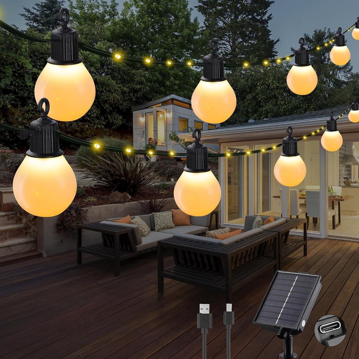 Vellaro Tuinverlichting buiten lichtsnoern - Warmwit - 12 m - 100 LEDs G40 Solar Lichtketting - Weerbestendig voor Tuin en Terras
