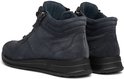 Paar donkerblauwe suède hoge sneakers, gezien van achteren met zwarte zool.