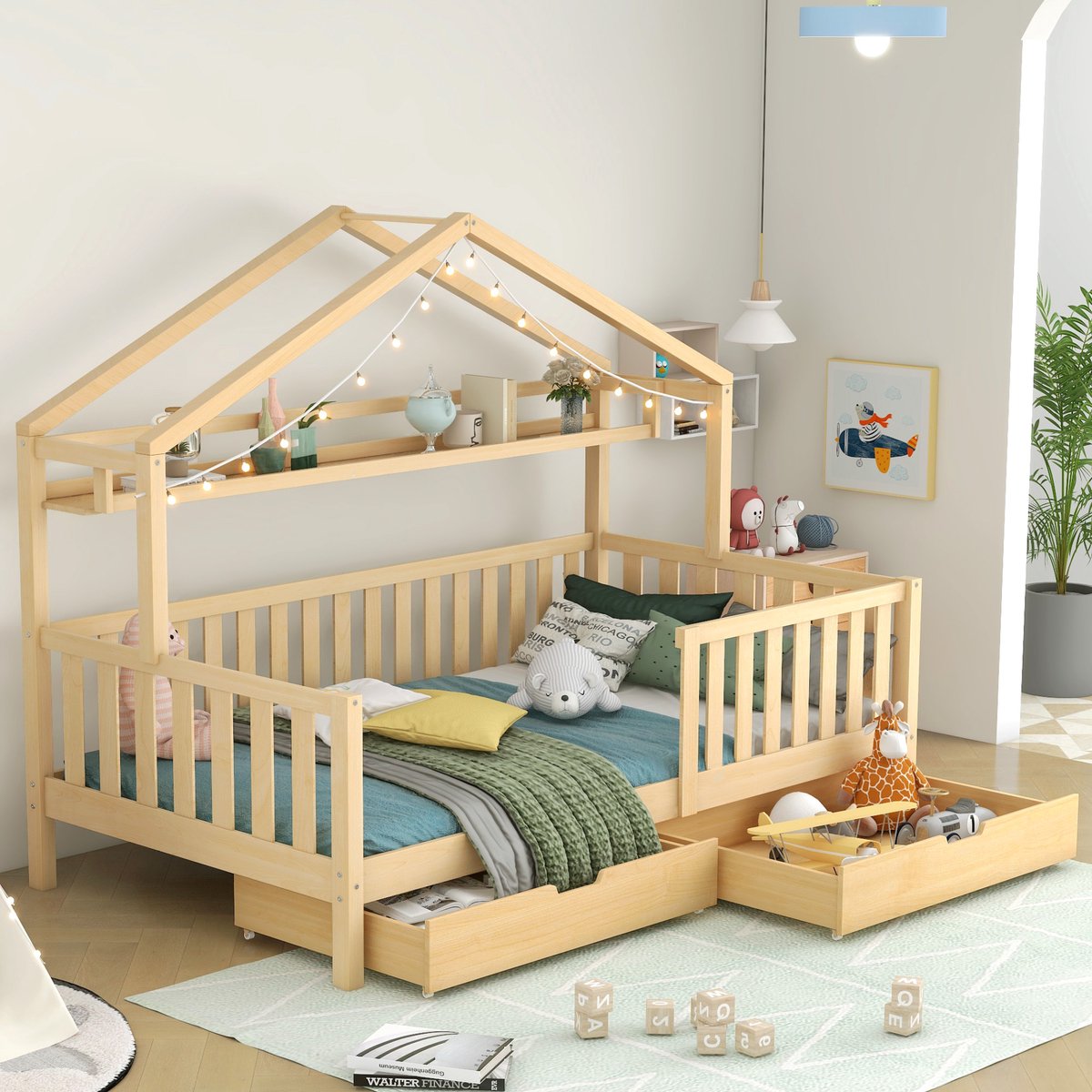 Kinderbed - voor matras 90 x 200 cm - naturel - met USB-aansluiting en lattenbodem - matras niet inbegrepen - voor de slaapkamer