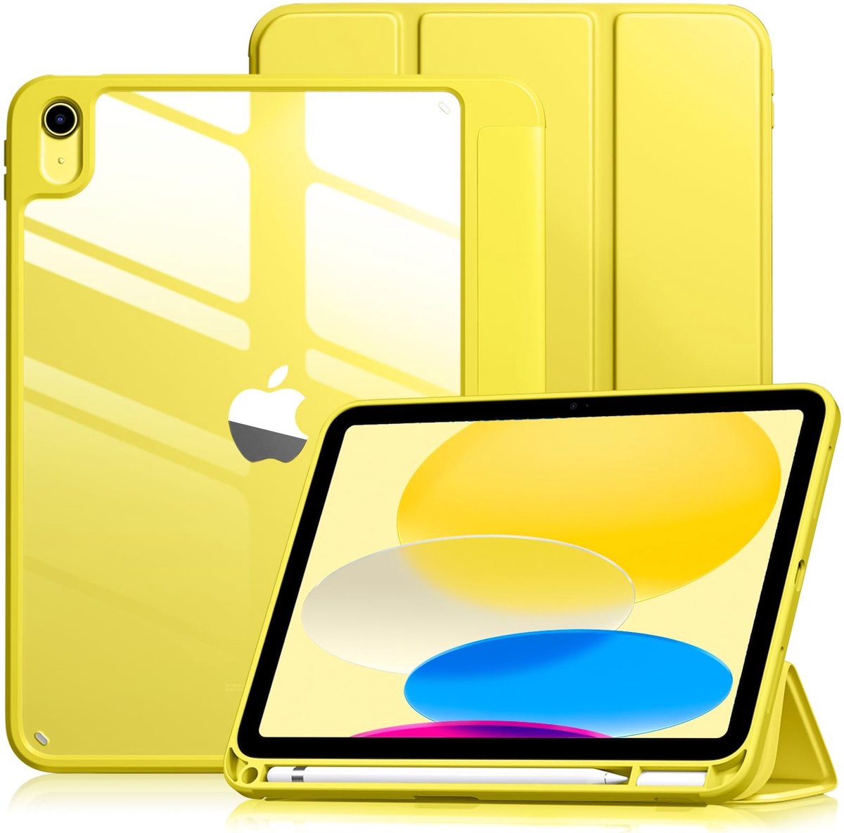 SolidKeus - Hoes voor iPad A16 11e/10e Generatie met Stylus Houder en Transparante Achterkant Geel