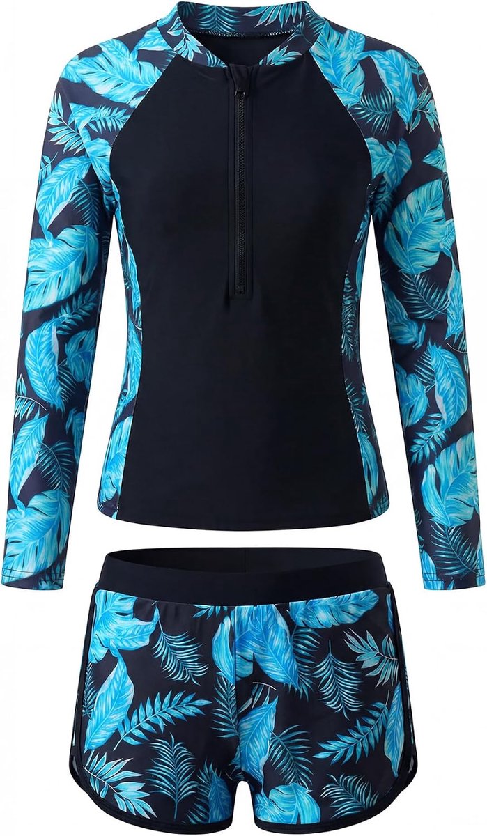 Zwempak Tweedelig Rashguard met Lange Mouwen en Voorgevormde Beha's Kinderzwempak met Zwemshort Sneldrogend Strand Surf en Zwemkleding met Bloemenprint voor Kinderen 5-14 Jaar